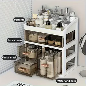 1pc All-in-One Cosmetic Storage Box, Large Capacity with Drawer Skincare Display Rack, No Assembly Desktop Organizer, Suitable for Perfume, Cream, Mask, Home Storage Essential