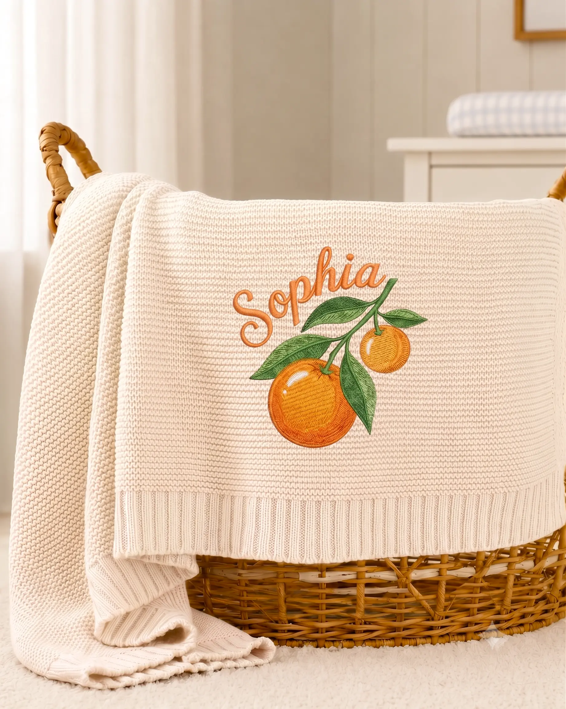 [Made-to-Order] Personalized Orange Embroidered Knit Blanket, Custom Name Baby Blanket, Citrus Fruit Nursery Quilt, Botanical Keepsake Gift, Orange Blossom Blanket