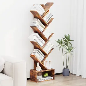 Space-Saving 8-Tier Tree Bookshelf, Freestanding Modern Floor Bookcase, Rustic Brown Multi-Layer Storage Display Rack, Perfect for Small Space Living Room Bedroom Home Office Corner Decor Furniture