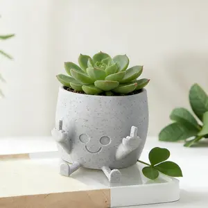 Smiling Middle Finger Face Planter Pot, Funny Resin Cement Succulent Flower Pot for Indoor Outdoor Desktop Decor, Unique Gift for Plant Lovers