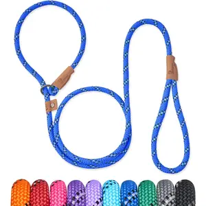 5 FT Slip Lead Dog Leash, Heavy Duty Rope Leash for Small Medium Large Dogs, No Pull Training Lead with Reflective Thread, Strong Comfortable Loop Leash (Blue Stripe, Medium 3/8")