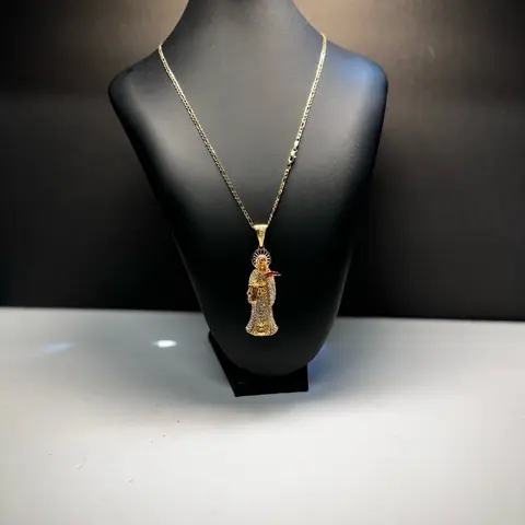 Men's 3.8in XL Santa Muerte Graphic Brass Pendant Chain Necklace - 11mm Thick, 1in Bale, Iced Out Micro-Paved Shine, Yellow Gold-Plated, Red Eyes, Costume Jewelry Necklace, Fashion Accessory