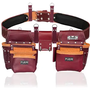 FUERI 17 Pocket Leather Tool Belt,Comes with Padded Belt, Big Pouches, Hammer Holder and Suspender loops, Ideal for Construction Workers, Carpenters and Electrician.