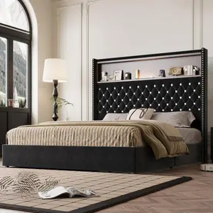 Bellemave Luxury Glam Velvet Wrap High Back Bed Frame - 52 in Wing-Back Queen Bed Frame with Tufted Soft Headboard, Rivet Decoration, USB Ports, Night Light, Headboard Shelf