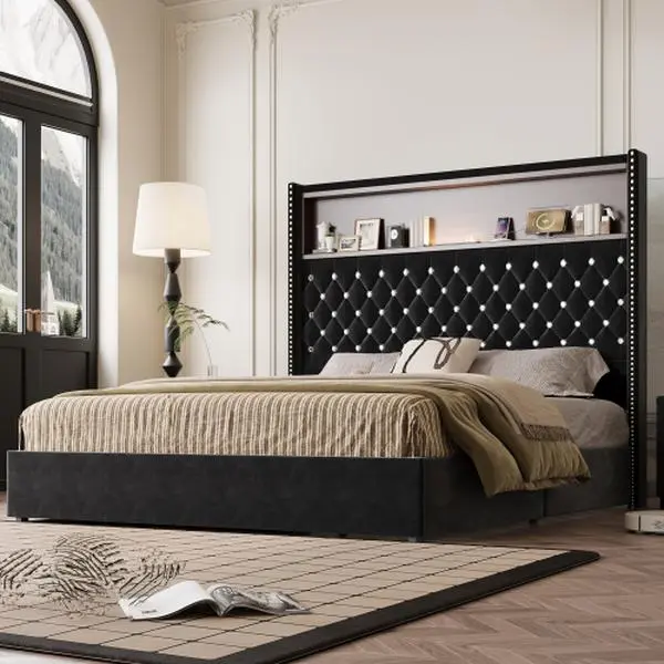 Bellemave Luxury Glam Velvet Wrap High Back Queen Bed Frame - 52 in Wing-Back Bed Frame with Tufted Soft Headboard, Rivet Decoration, USB Ports, Night Light, Headboard Shelf, Wingback Bed Frames, Headboard Bed Frames