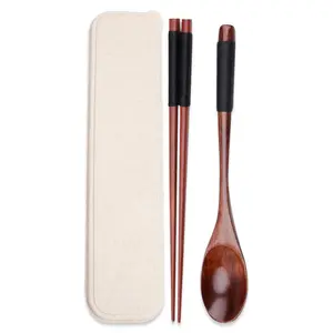 eco friendly wooden chopstick and soup spoon on the go friendly, reusable with storage, great for work or school,