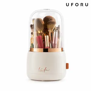 UFORU 360° Rotating Makeup Brush Holder with Clear Dustproof Cover, Vanity Cosmetic Brush Organizer with Divided Storage for Makeup Brushes, Eyeliners, Lipsticks and Beauty Tools#SummerWins