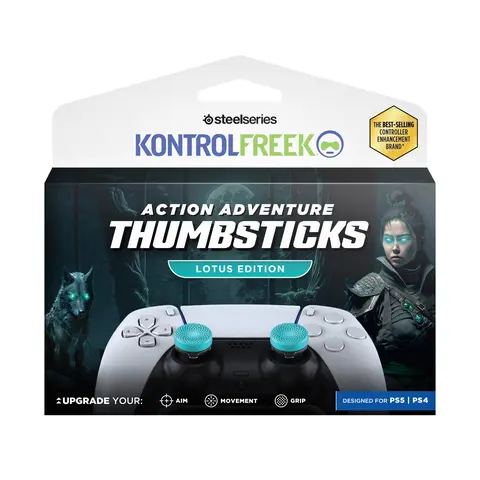 KontrolFreek Lotus Rubber Gaming Console Accessory Thumb Grips - 2 Mid-Rise Concave, Teal/Clear, Extra Grip Gamepad Designed for PS5/PS4 Controllers, Reduces Stick Slip for Action-Adventure Games