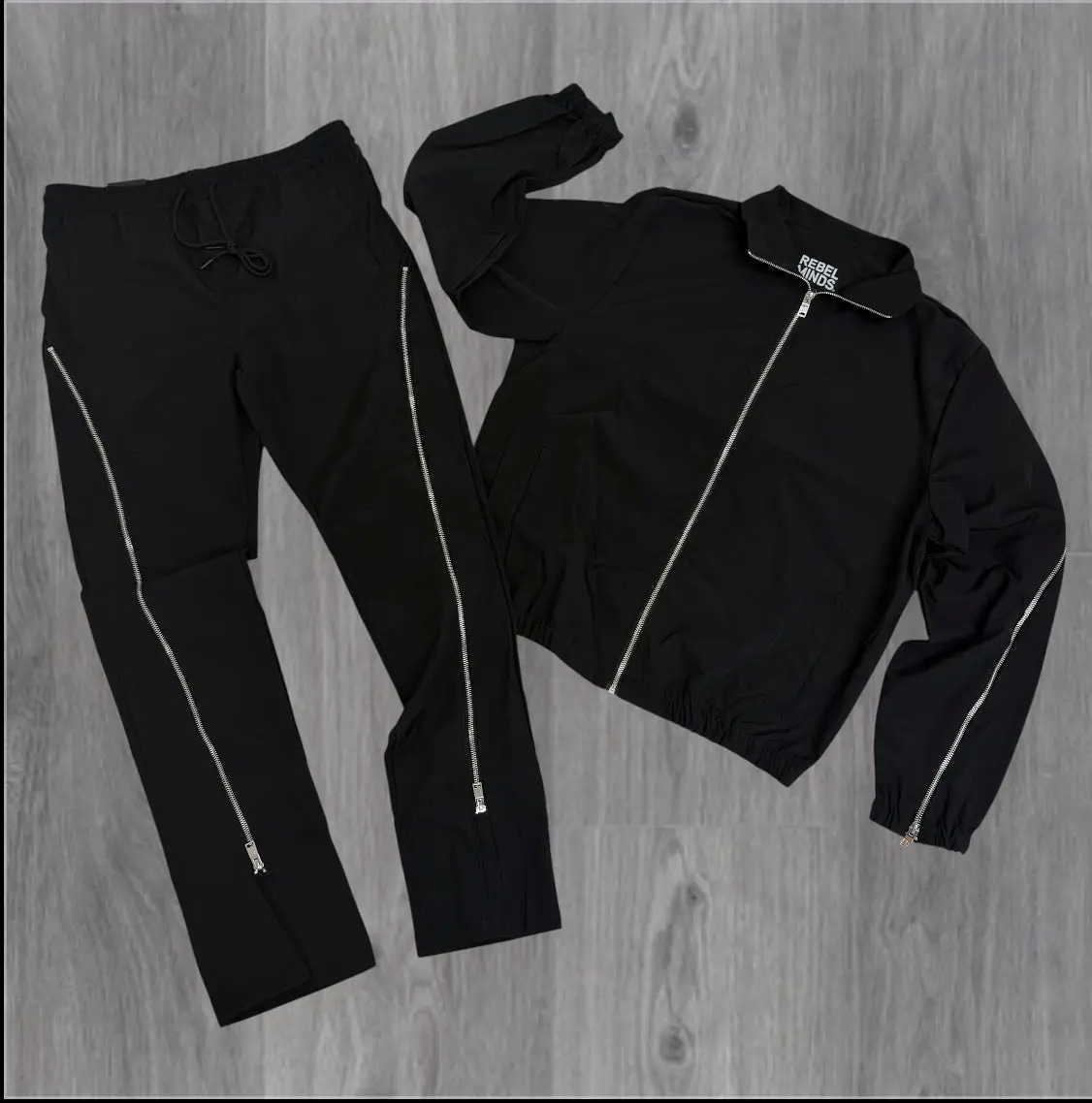 Rebel - SET - Flare Zipper Windbreaker Pants & Jackets - Black - 401501