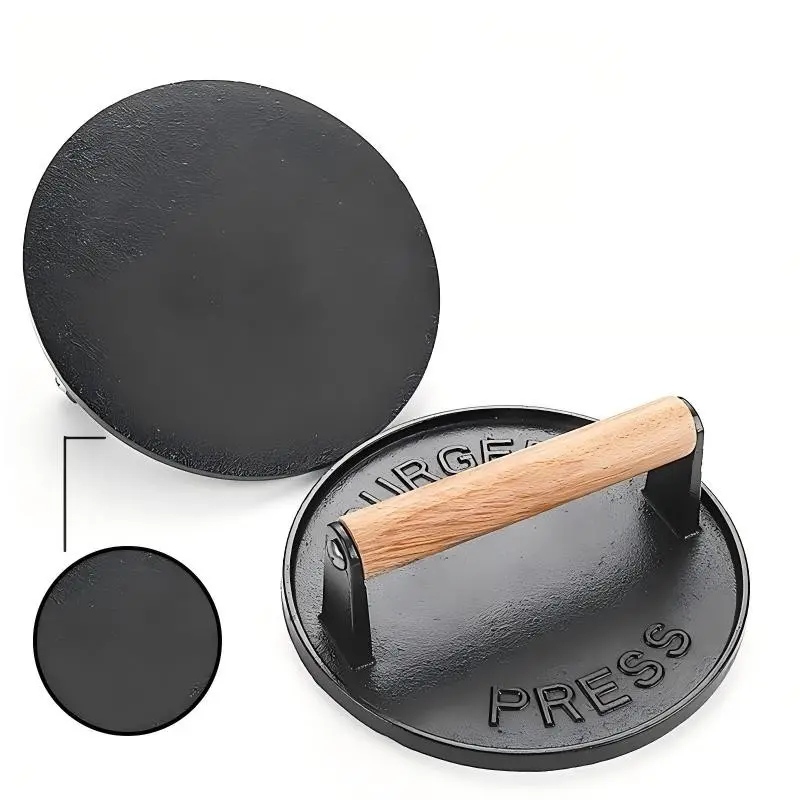 Cast Iron Burger Press with Wooden Handle, Non-Stick Coating, Kitchen Tool, Kitchenware, Cooking, Ideal for Bacon, Meat, Hamburgers, Compatible with Blackstone Griddle, Grill