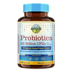 Terranics Probiotics 60 Billion CFU, 20 Strains, 60 Veg Capsules, Prebiotics & Probiotics, Shelf Stable Probiotic Supplement for Men & Women, Non-GMO, NO Soy, Dairy & Gluten