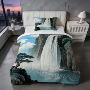 2/3 Piece Watercolor Waterfall Landscape Comforter Set, HD Digital Printed U-Shape Quilt, Soft Warm Bedding Set (No Insert) for Bedroom Decor