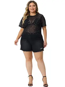 Agnes Orinda Plus Size Sexy Mesh Glitter Silver Star Short Sleeve Crop Tee Blouse