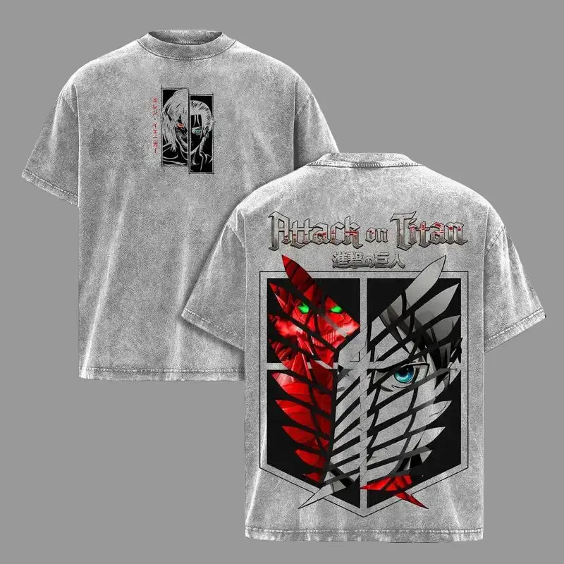Menswear Short-Sleeve Top, Eren Yeager Attack on Titan Vintage Washed Graphic Tee, Titan Shifter Anime Oversized Streetwear Shirt Crewneck Tshirt
