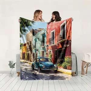 1 piece Vintage Volkswagen Beetle and colorful street vibes themed flannel blanket - Microfiber fluffy flannel sofa blanket, suitable for beds and sofas, modern design, all-season multi-purpose use, digitally printed pattern, 100% polyester