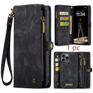 iPhone 16e 15 14 13 12 Pro Max Case, RFID Blocking Wallet Cover, Credit Card Slot Zipper PU Leather Protective Case for Men & Women