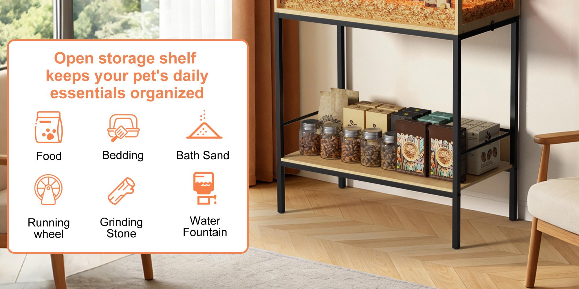 Bingopaw Modern Hamster Cage with Storage Shelf and LED Light, Chewproof Glass Hamster Cage, Clear Tempered Glass Modern Habitat with Top Opening Wide 31.5” (Excluding Interior Decor)