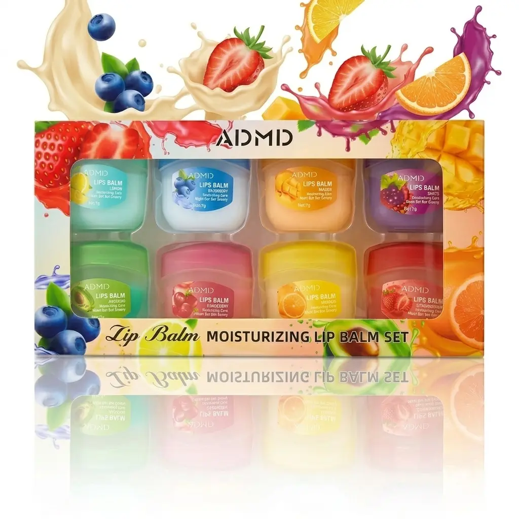 8-piece lip combo set featuring mini lip balm with fruity scents, ideal for daily moisturizing and nighttime care. Helps soothe dry lips and provides a gentle, portable exfoliating treatment. Smooth Lip Lines Compact