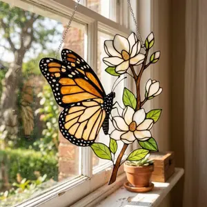 Monarch Butterfly Magnolia Acrylic Suncatcher, Stained Glass Style Butterfly Window Hanging, Floral Nature Decor, Butterfly Lover Gift