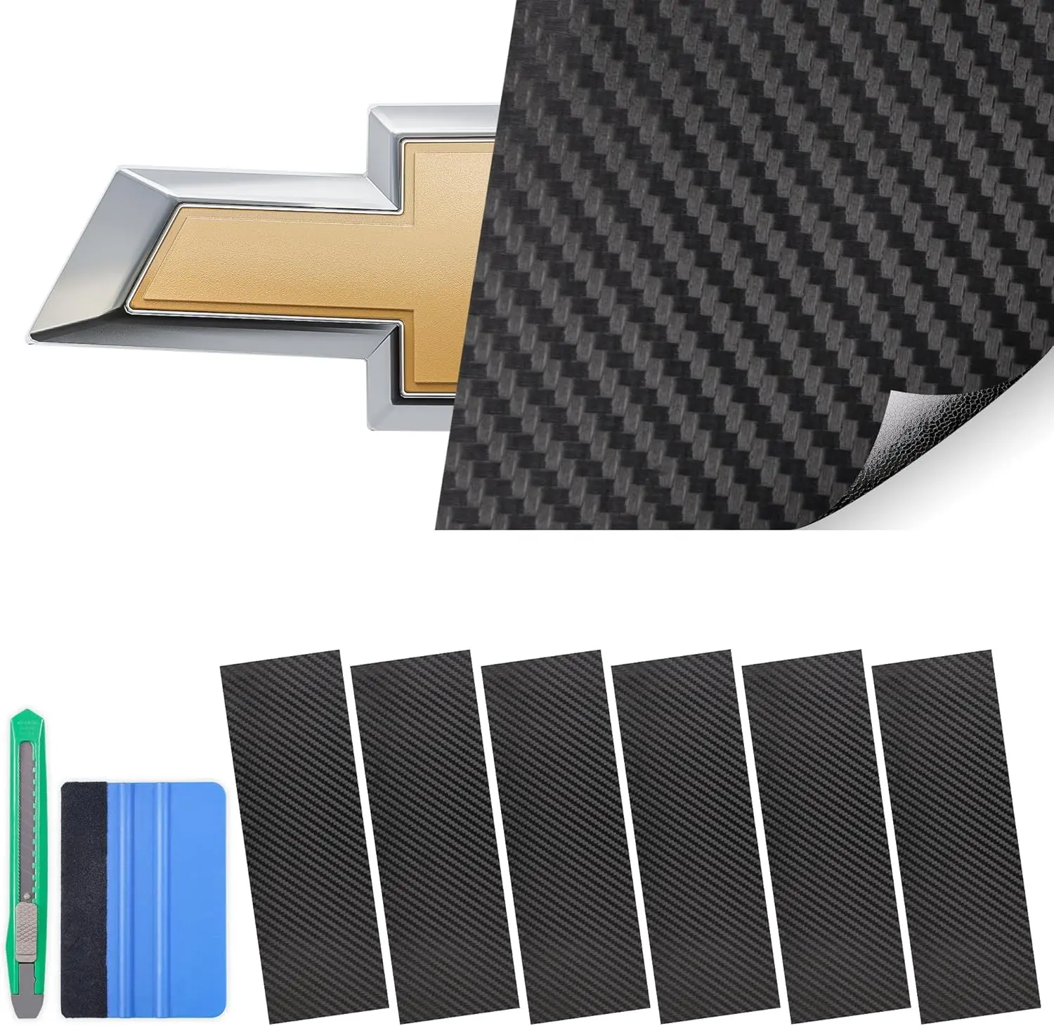 12"x4.3" For Chevrolet Chevy Bowtie Emblem Vinyl Wrap Kit, 6pcs Waterproof Black Carbon Fiber Universal Car Stickers with Spatula, Cutter, Adhesive Decals, Auto Replacement Parts, Vehicle Accessories, Car Decals, Automotive Decals, Vehicle Decoration