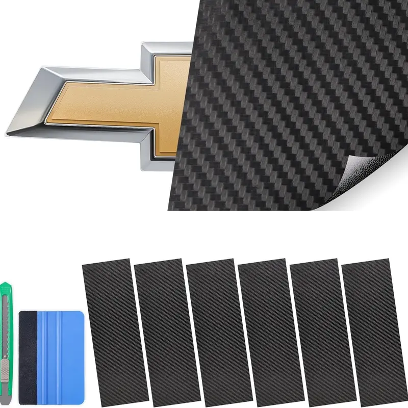 12"x4.3" For Chevrolet Chevy Bowtie Emblem Vinyl Wrap Kit, 6pcs Waterproof Black Carbon Fiber Universal Car Stickers with Spatula, Cutter, Adhesive Decals, Auto Replacement Parts, Vehicle Accessories, Car Decals, Automotive Decals, Vehicle Decoration