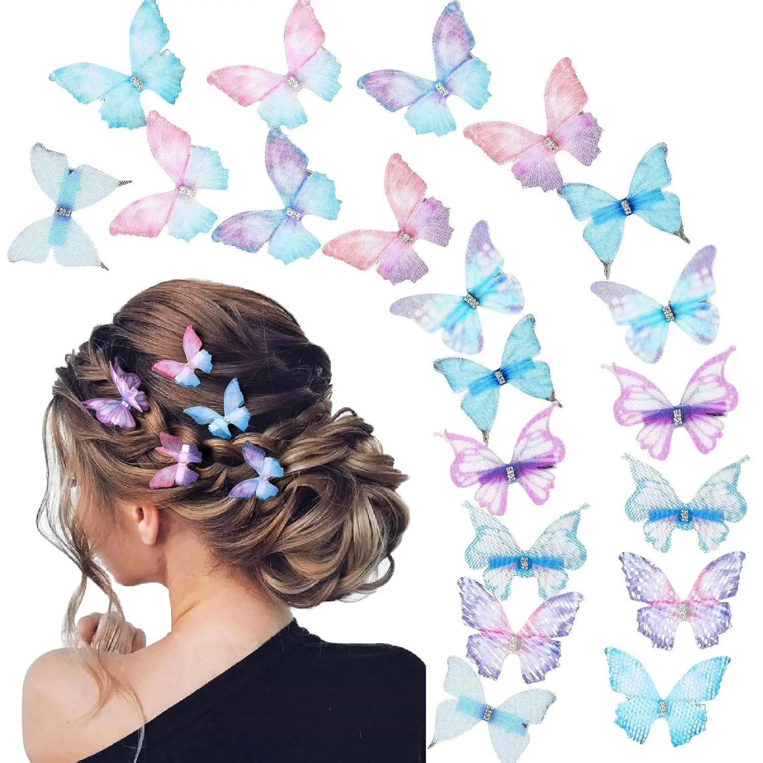 20-Count Hair Clips, 2.0-Inch Colorful 90s Fabric Fairy Barrettes with Moving Butterfly Wings for Women, Prom & Daily Wear, Synthetic, Decorate Hair Braids, Colorful 90S Clips, Bite Of The Hair Clip