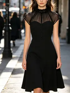 Women's Mesh Leaf Neck Medium-Length Dress, Vintage High Neck Sheer Patchwork Button Details, Slim Fit A-Line Dress, Casual Versatile, Chic, Elegant, Casual Wear, Womenswear
