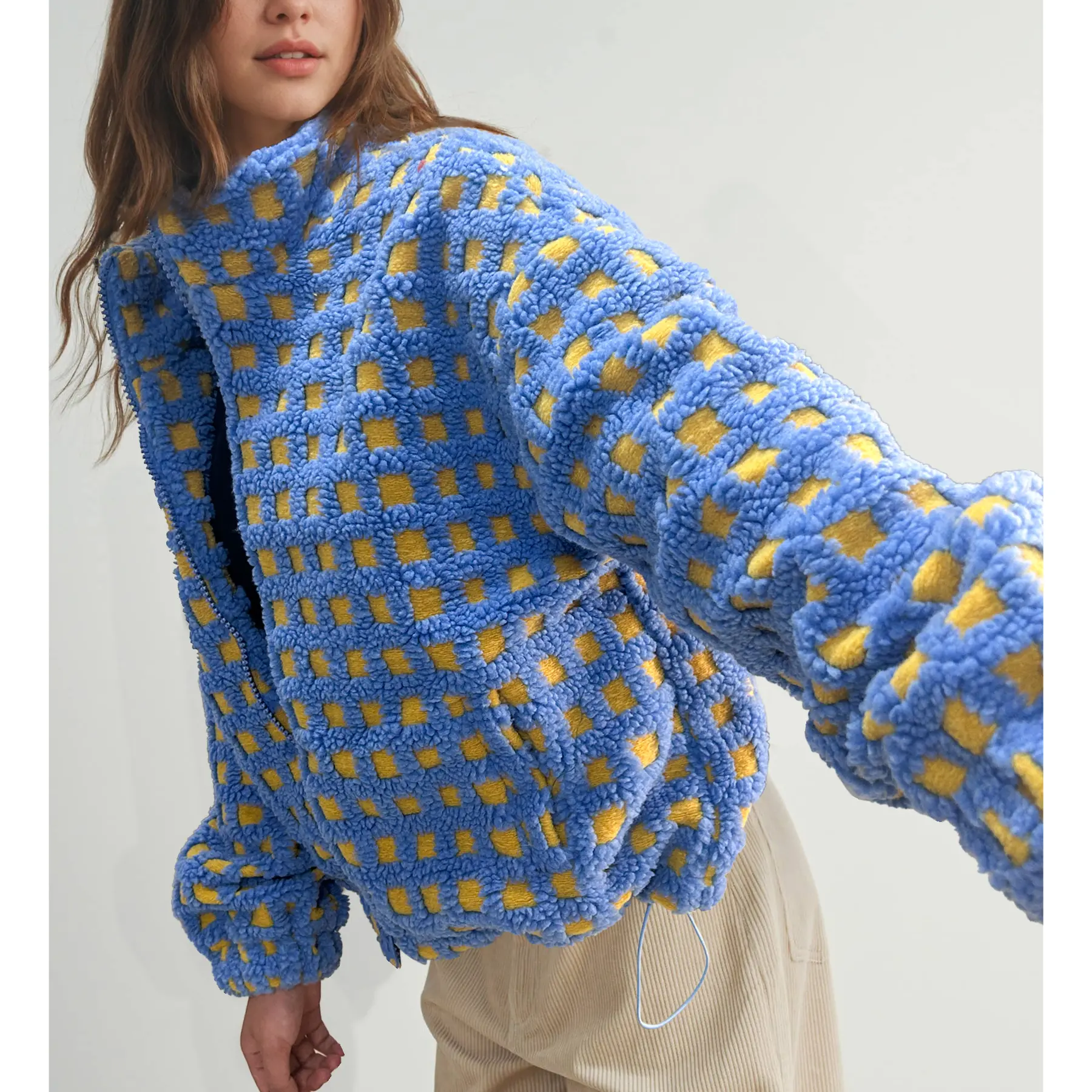 Womens Checkered Sherpa Jacket Cropped Long Sleeve Plaid Fleece Coats Casual Zip Up Gingham Outwear with Pockets Womenswear Drawstring Elastic Tops Outerwear, effortless layering, chic everyday, refined casual