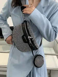 Women's minimalist fashion crystal-embellished chest bag, versatile casual crossbody waist pouch purse, Zipper Fanny Pack, Fashion Waist Packs for dating, shopping, parties, travel and various occasions