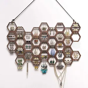 Wooden Honeycomb Design Jewelry Storage Rack, 1 Count Vintage Earring Display Rack, Jewelry Organizer for Earrings & Necklace, Jewelry Storage Unit