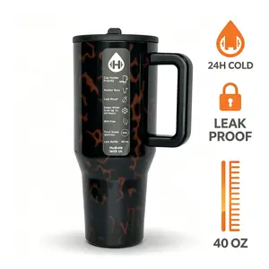 HydroJug 40 oz leopard pattern insulated cup with handle and straw lid, keeps cold for 24 hours, leak-proof food grade stainless steel travel cup, suitable for cup rack use