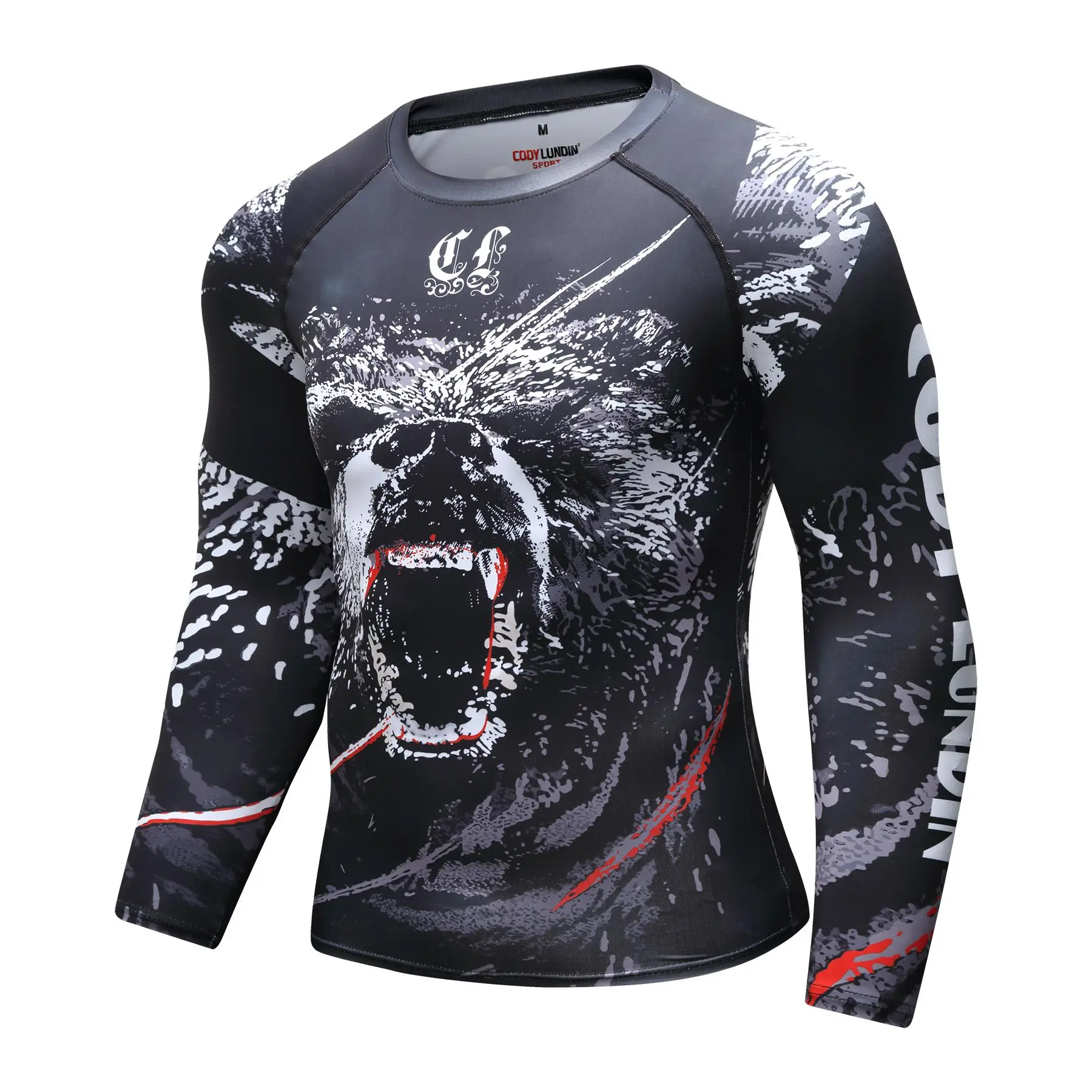 Men's Compression Shirt with Fitted Graphic Print for Boxing & Jiu-Jitsu, Long Sleeve, Polyester Spandex, UPF 50+, M, Rashguard, Xxl
