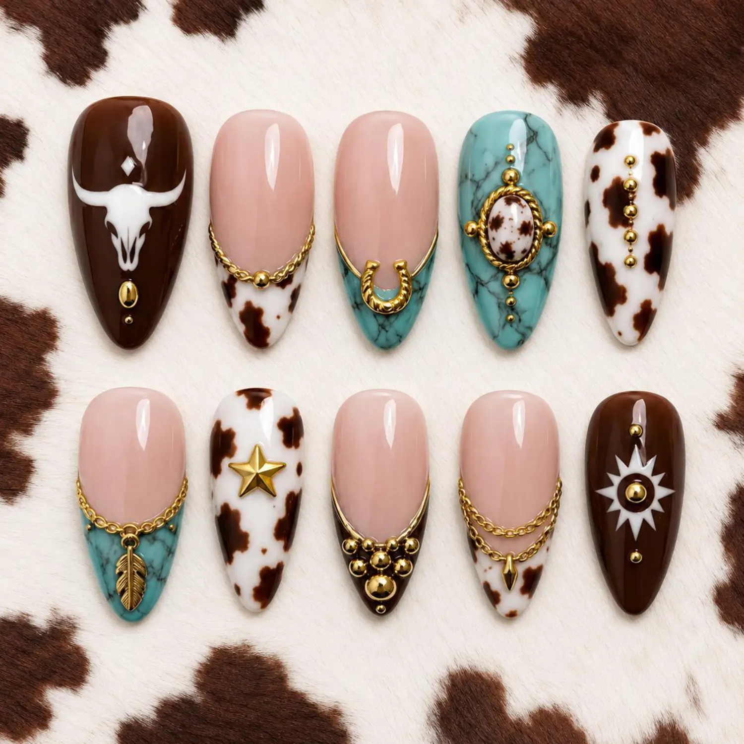 Western Cowgirl Press On Nails, Turquoise Marble French Tips, Cow Print Gold Horseshoe Bull Skull Design, Handmade Country Chic Luxury Nail Set for Women