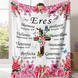 Cross-shaped floral scripture fleece blanket, expressing love. Super soft, warm and comfortable. Ideal Valentine's Day gift, suitable for anniversary, holiday, birthday party gifts, and household items.