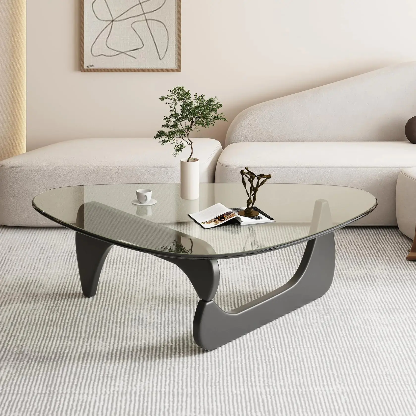 Triangle Coffee Table in Walnut Mid Century Modern Solid Wood Base and Triangle Clear Glass Coffee Table for Living Room Low Minimalist Tea Table Coffee Tables (36 * 25.6 * 16 Black Transparent)