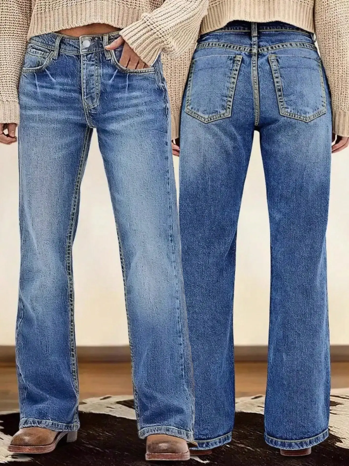 Women's Vintage-Washed Distressed Straight-Leg Jeans, American Workwear-Inspired Casual Denim Pants Women's Vintage-Washed Distressed Straight-Leg Jeans, American Workwear-Inspired Casual Denim Pants