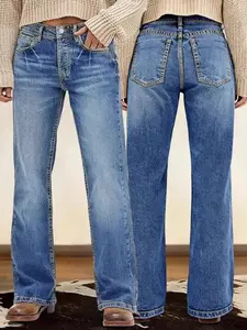Women’s Vintage Washed Straight Leg Jeans, American Workwear Fashion Style Distressed Versatile Casual Denim Pants, Starched Jeans