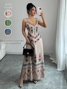 Women's Fashion Casual Comfy Chic Ethnic Style V Neck Sleeveless Long Dress, Loose-Fit Thin Woven Fabric, Perfect for All Seasons