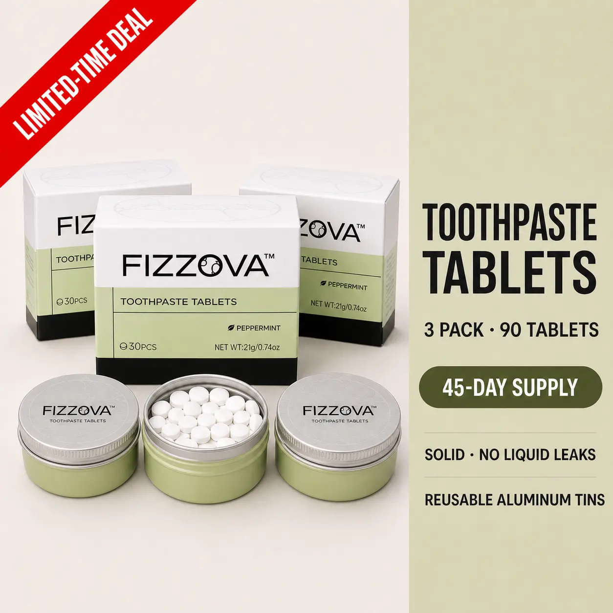 FIZZOVA Oral Toothpaste Tablets, 3s Chew-to-Foam, Whitening, Enamel Repair,travel&outdoor, 90ct(30ct*3Tin)