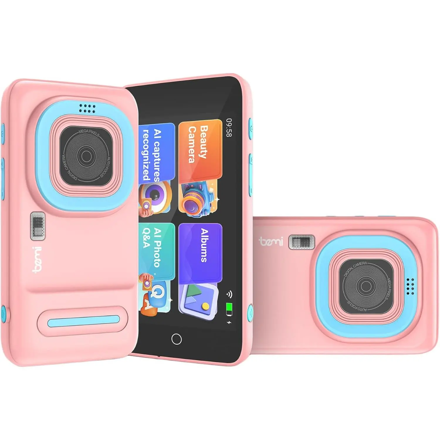 Pixi AI Learning Camera for Kids – 4" Touchscreen, Dual Lens, WiFi, STEM Gift (Pink)