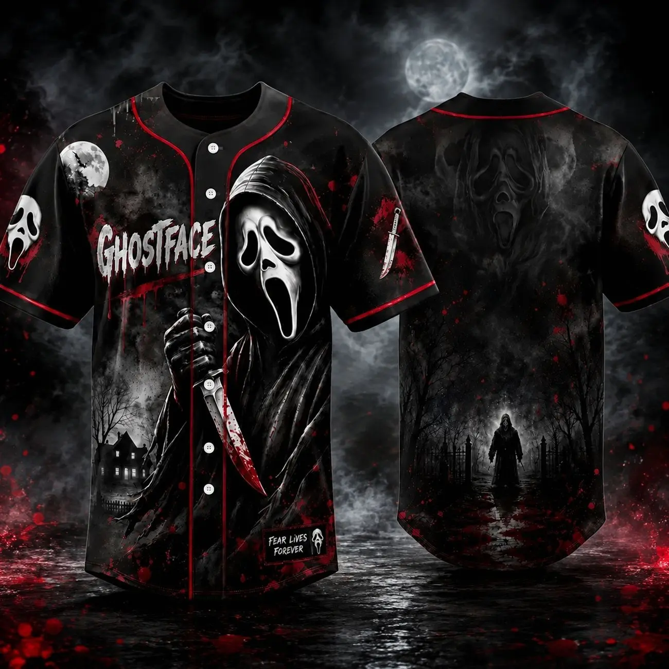 Dark Horror Baseball Jersey – Creepy Mask Graphic Button Up Shirt, Gothic Halloween Night Jersey, Scary Costume Top for Men & Women 2