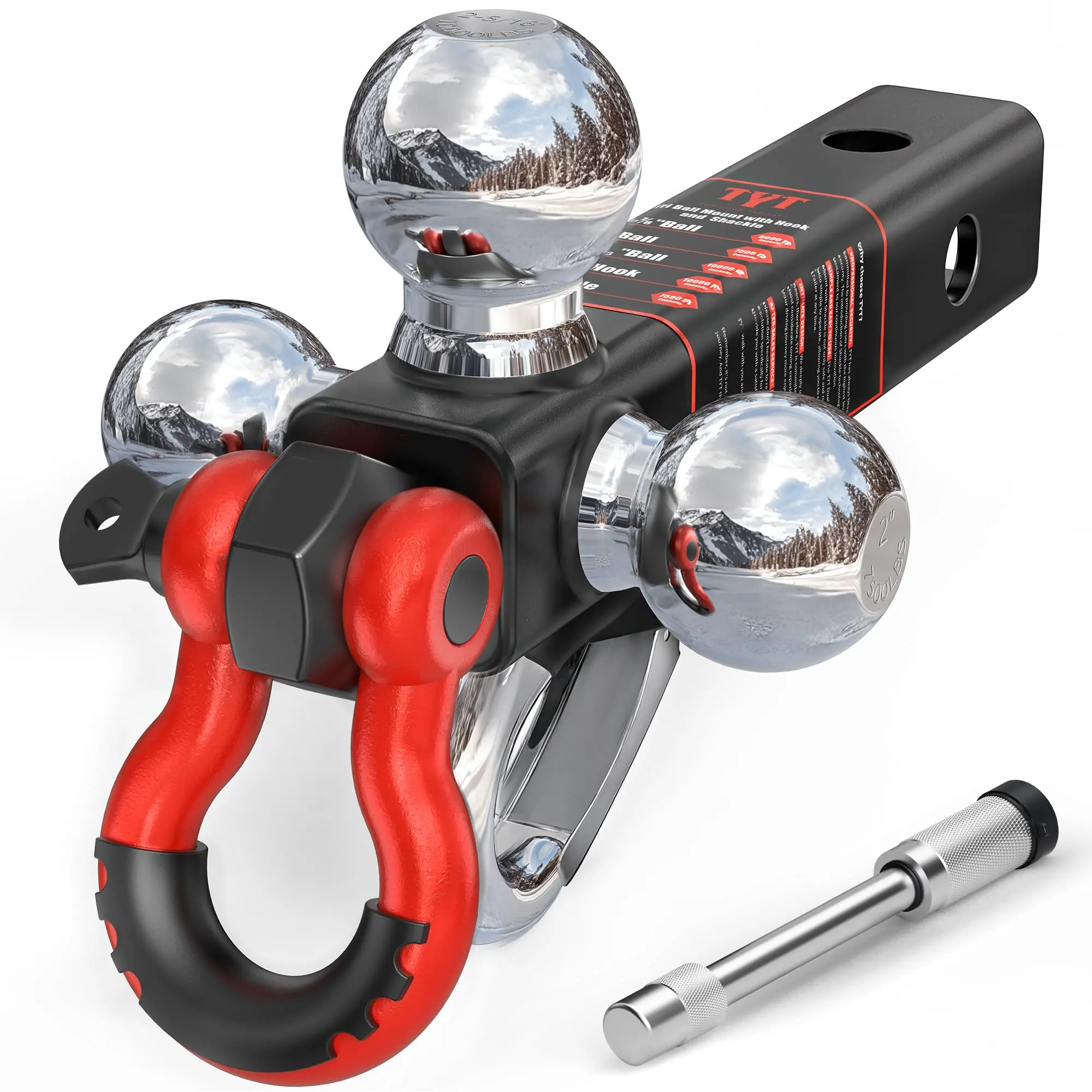 TYT Heavy-Duty Tri-Ball Trailer Hitch Mount for 2-Inch Receiver, 1-7/8", 2", 2-5/16" Triple Ball Hitch with Tow Hook, Shackle & Hitch Pin Lock, 10,000 lbs GTW, 1,000 lbs Tongue Weight