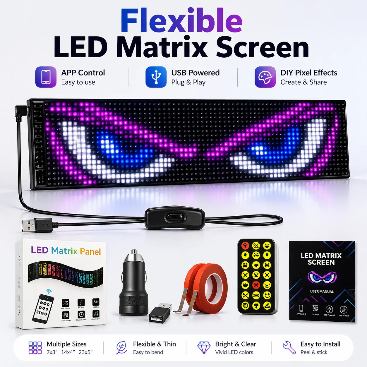 LED Scrolling Party Sign With Car Charger, APP Programmable Animated Text Light Panel, USB Powered Smart LED Display Board With USB Adapter For Christmas, New Year, Birthday, Bar & Car Decorations