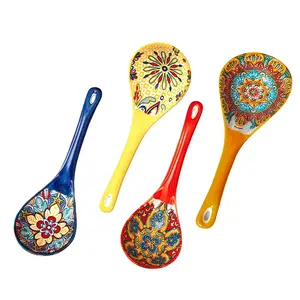 Bohemian Ceramic Soup Spoon Set, Utensils, Large Household Serving Spoons, Ramen Soup Spoons, Microwave and Oven Safe, 4pcs