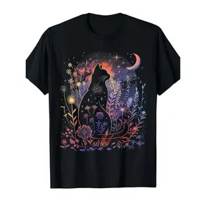 Men's & Women's Gothic Black Cat & Moon T-Shirt - Short Sleeve Round Neck, Mystical Night Sky Design with Glowing Fairy, Smooth Machine-Washable Fabric, Casual/Party Wear for Halloween, Festivals (Purple/Pink) - Magical Cat Lover Apparel