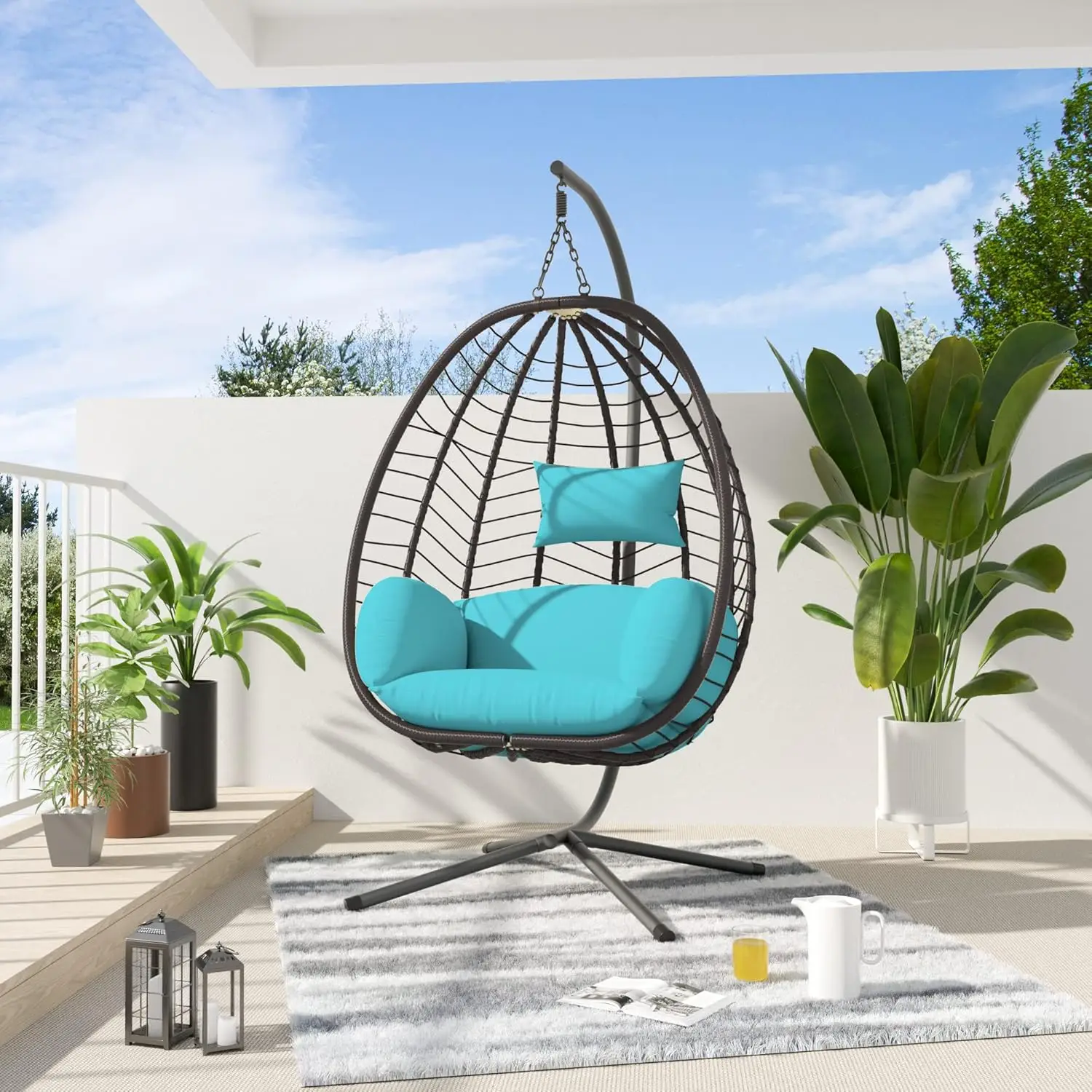 Egg Swing Chair Outdoor Indoor Wicker Rattan Hanging Chair with Stand 350lbs Capacity w/Strong Frame & Cushions for Patio Balcony Bedroom Light Blue