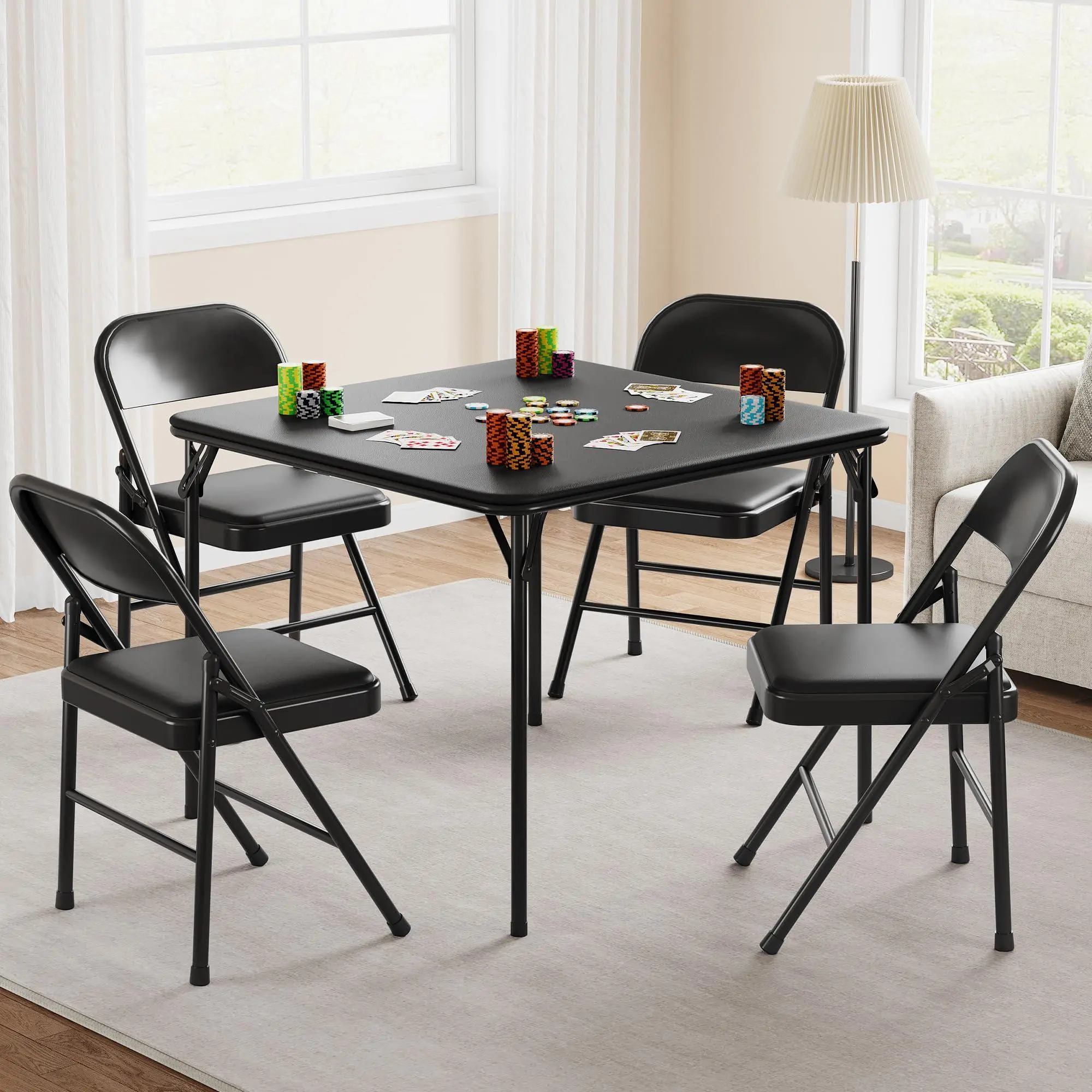 Folding Portable Card Table and Foldable Chair Set of 5,PU Upholstered Foldable Chairs and Table with Metal Frame,Suitable for Dining Room, Living Room, Office, Camping
