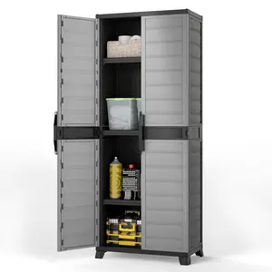 COSTWAY - Plastic Lockable Storage Cabinet with Doors and 3 Adjustable Shelves