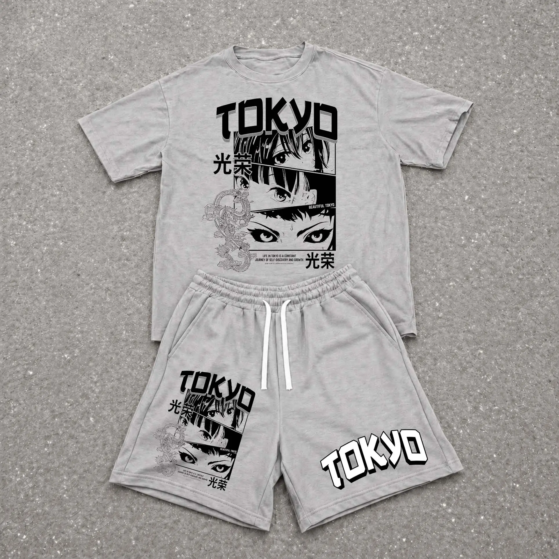 Men’s Summer 2 Piece Set, Steet Tokyo, Glory Japan Hip-Hop Street Style Letter Print Short Sleeve T Shirt and Drawstring Shorts Matching Outfit, Lightweight Breathable Casual Set for Travel, Streetwear, Beach, Vacation, and Daily Wear