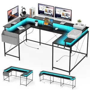 Large Gaming Desk, Computer Desk with Power Outlets, 126" u-Shaped Reversible Office Desk w/LED Lights, Monitor Stand, Storage Shelves, Bag & Hooks for Home Office & Gaming Setup